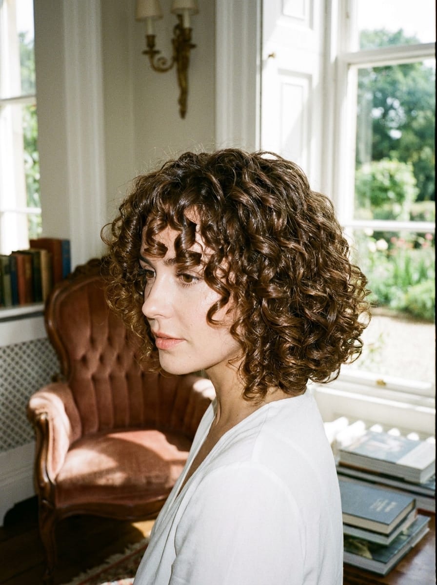 Rund geschnittener Curly Bob auf Schulterlänge - Locken Frisur mittellang
